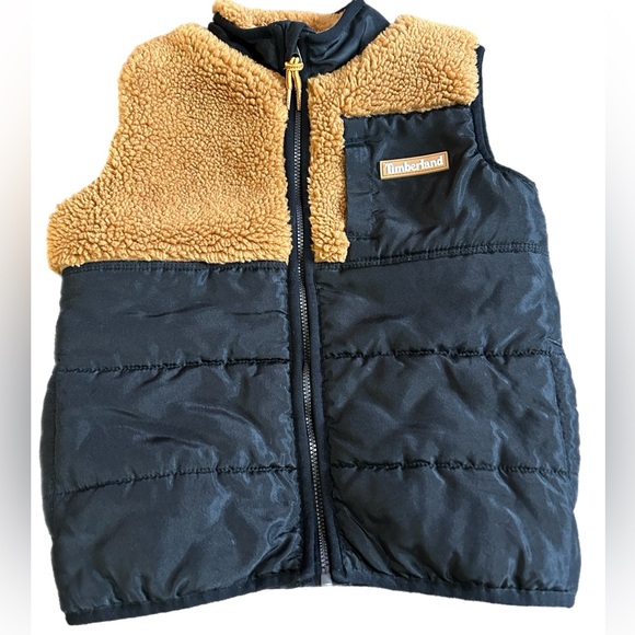 Timberland Boys Toddler Puffer Vest Black Jacket with Brown Sherpa-4T - Picture 1 of 5